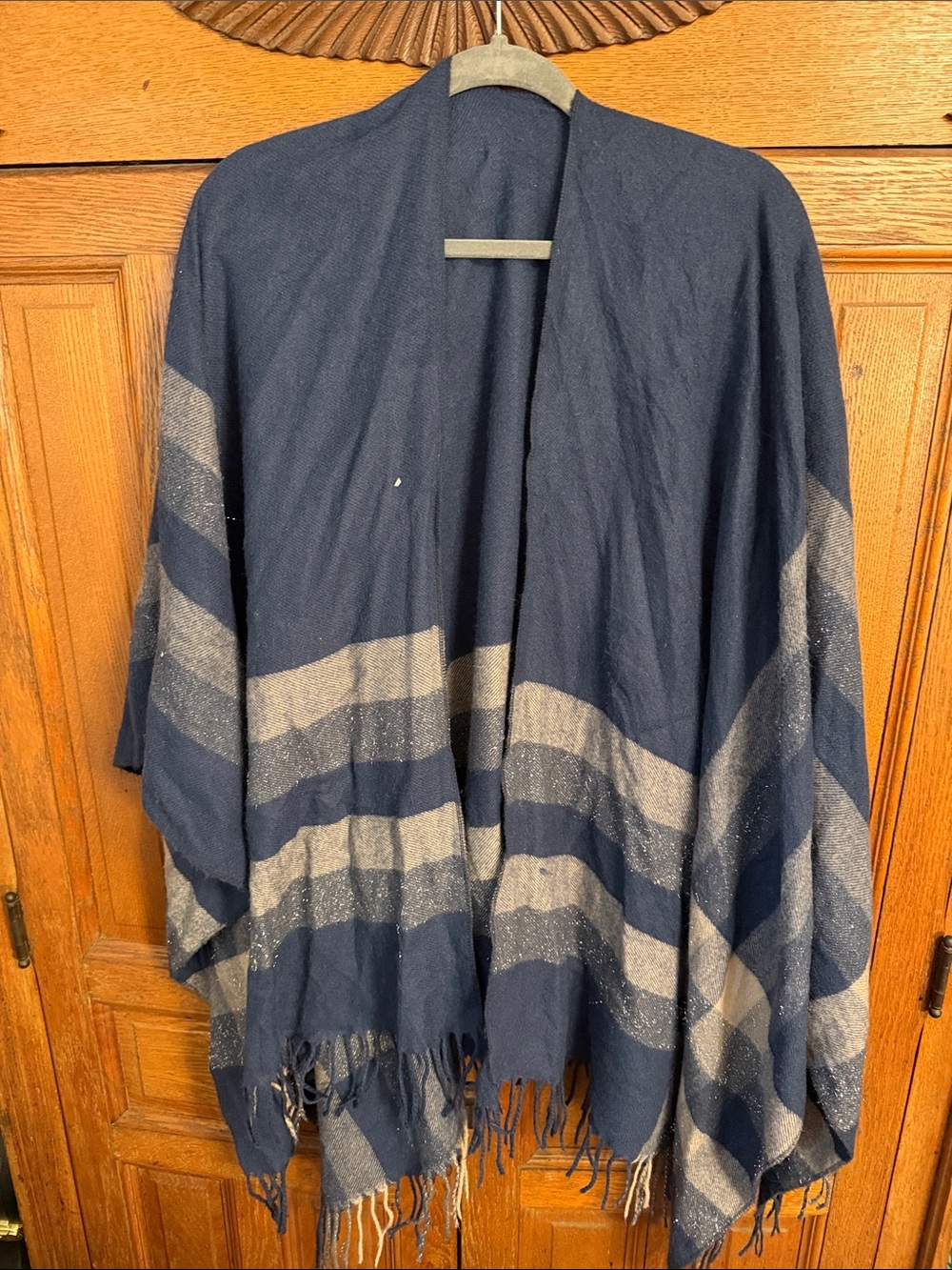 Amazon Navy Blue and Gray Striped Women's Cape Poncho
